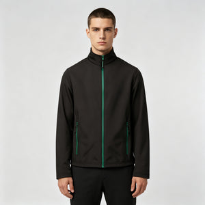 Custom Stand Collar Soft Shell Uniform Jacket Black With Contrast Green Zipper For Staff Team